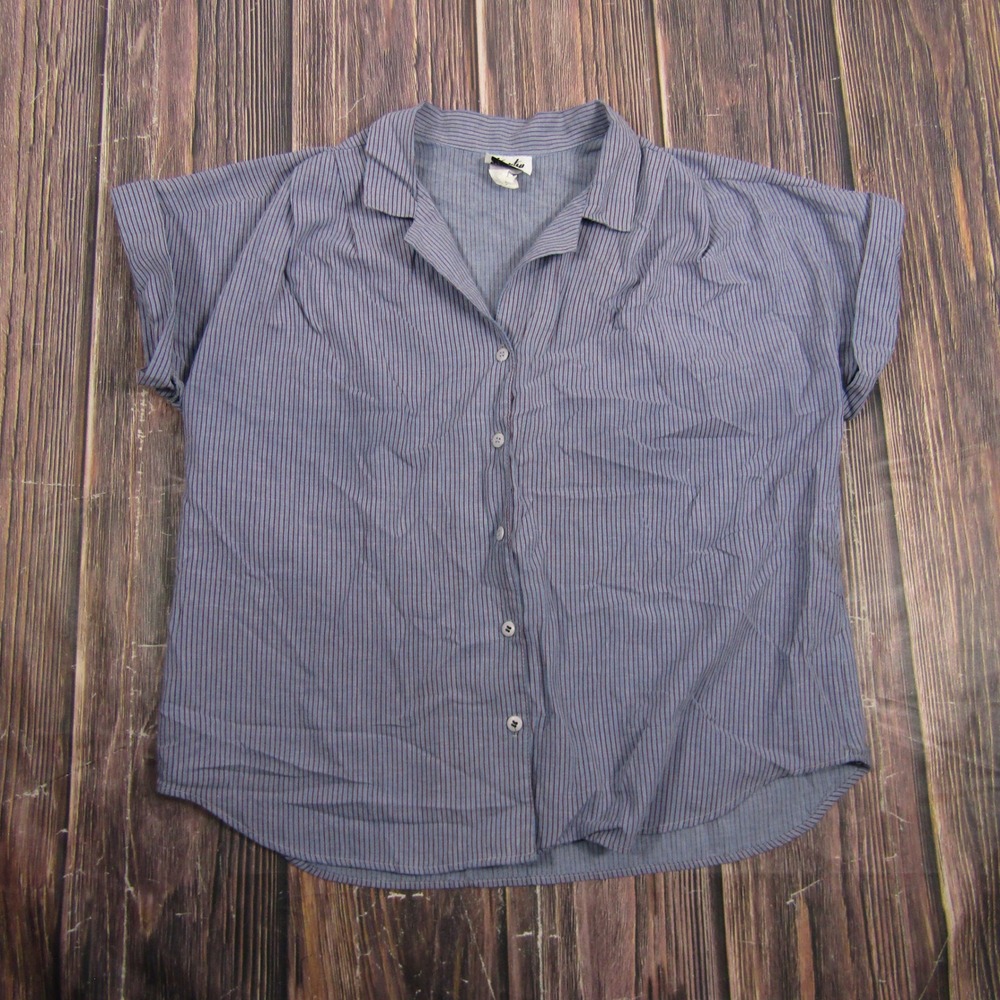 Tapestry Button Up Shirt Womens XL Blue Red Pinstripe Short Sleeve Vintage USA